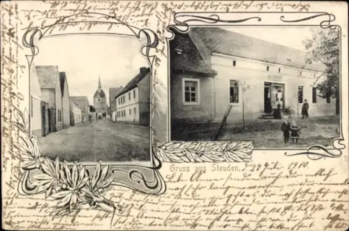 Ak Steuden Teutschenthal im Saalekreis, Straßenpartie, Kirche, Geschäftshaus