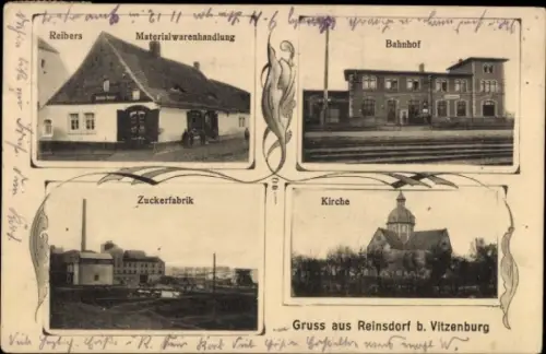 Ak Reinsdorf Nebra an der Unstrut, Reibers Materialwarenhandlung, Bahnhof, Zuckerfabrik, Kirche