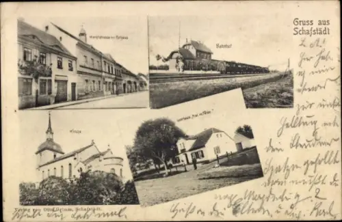 Ak Schafstädt Bad Lauchstädt Sachsen Anhalt, Bahnhof, Gasthaus, Kirche, Rathaus
