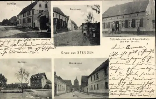 Ak Steuden Teutschenthal im Saalekreis, Dorflage, Geschäftshaus Karl Zschäus, Kirchstraße, Dorfstr.