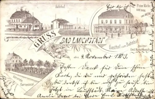 Litho Bad Lauchstädt Saalekreis, Bahnhof, Gasthof zum Bahnhof, Bes. Emil Kutschbauch