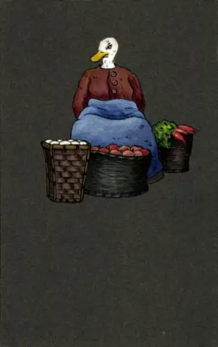 Handgemalt Ak Kutta, Vermenschlichte Gans als Marktfrau, Körbe