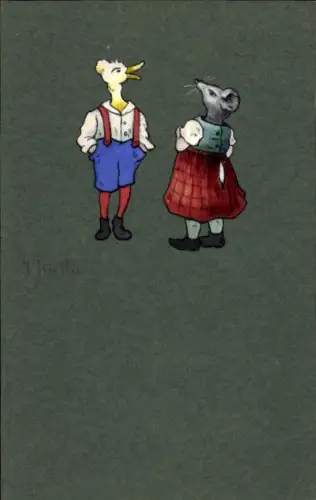 Handgemalt Ak Kutta, Vermenschlichte Gans und Maus
