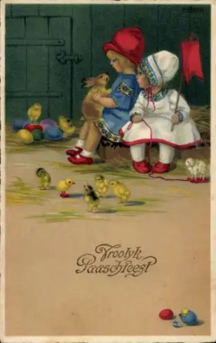 Künstler Ak Ebner, Pauli, Frohe Ostern, zwei kleine Mädchen mit Osterhase und Küken