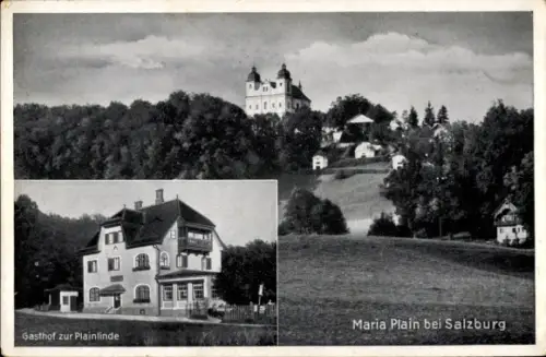 Ak Maria Plain Bergheim in Salzburg, Gesamtansicht, Gasthof zur Plainlinde