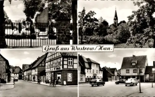 Ak Wustrow im Wendland, Ehrenmal, Kirche, Fachwerkhäuser, Geschäfte, Autos
