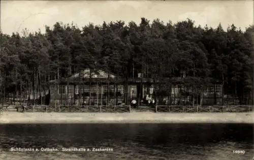 Ak Trzcianka Schönlanke an der Ostbahn Posen, Strandhalle am Zaskersee