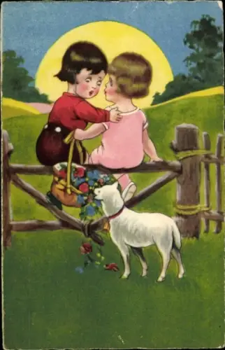 Ak Liebespaar, Hungriges Schaf, Mond, Amag 1797