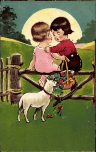 Ak Liebespaar, Hungriges Schaf, Blumen