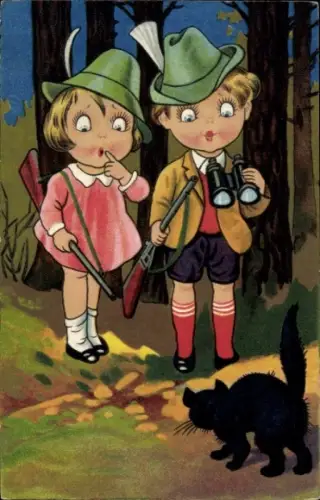 Ak Kinder, Jäger, Schwarze Katze