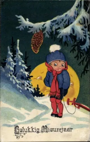 Ak Glückwunsch Neujahr, Kind, Schlitten, Tannenzapfen