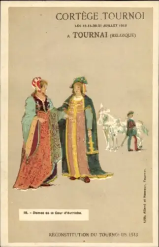 Ak Tournai Wallonien Hennegau, Damen in historischen Kostümen, ein Mann im historischen Kostüm...