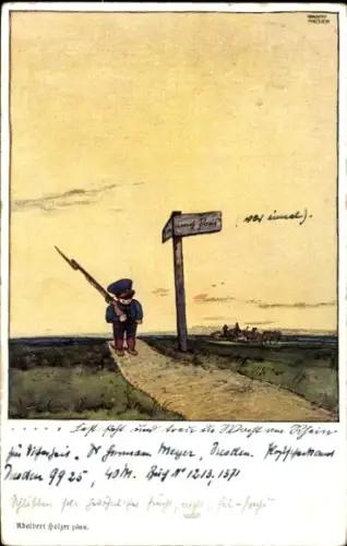 Künstler Ak Holzer, A., Junge als Soldat, Wegweiser