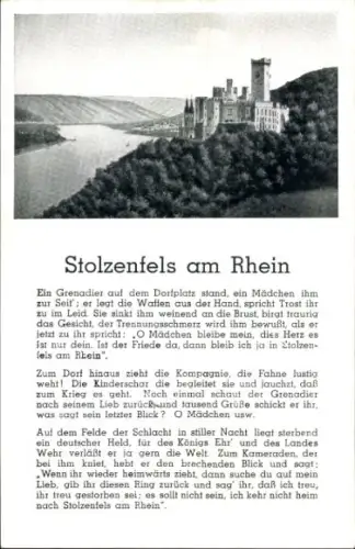 Ak Stolzenfels Koblenz am Rhein, Ein Grenadier auf dem Dorfplatz stand, ein Mädchen ihm zur Se...