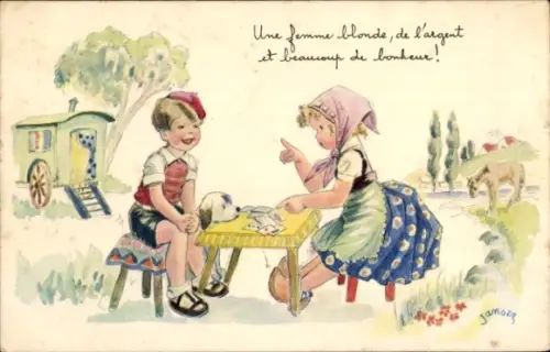 Künstler Ak Kinder spielen Karten, Hund