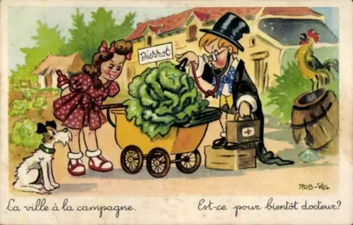 Künstler Ak Vel, R., Junge untersucht Gemüse, Mädchen, Hund