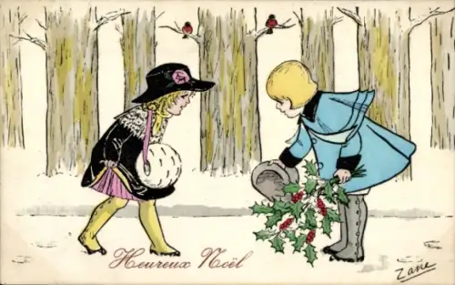 Künstler Ak Glückwunsch Weihnachten, Kinder, Stechpalme