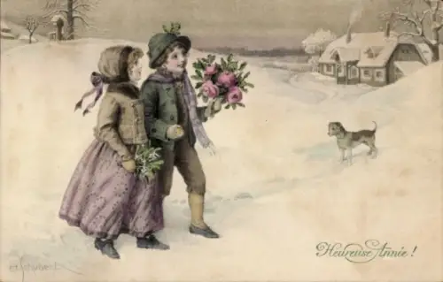 Künstler Ak Schubert, H., Glückwunsch Neujahr, Kinder, Blumen, Mistelzweige, Munk 697
