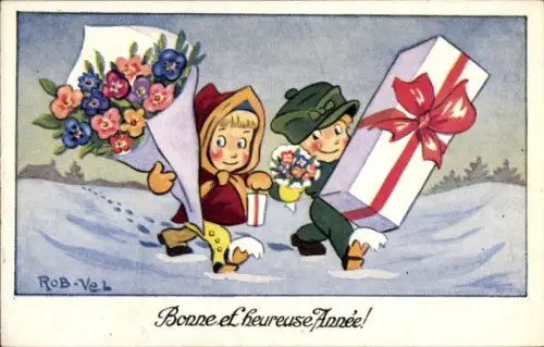 Künstler Ak Vel, R., Glückwunsch Neujahr, Kinder, Geschenke