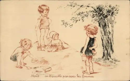 Ak Drei Kinder spielen im Sandkasten, Spielzeuge