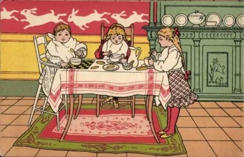 Ak Kinder sitzen am Tisch und essen