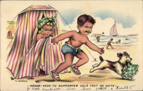 Künstler Ak Gougeon, Kinder am Strand, Hund hat Kleidung gestohlen