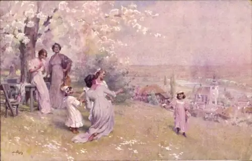 Künstler Ak Frauen und Kinder spielen auf Wiese, Blühender Baum, Tisch, Stuhl, Munk 315