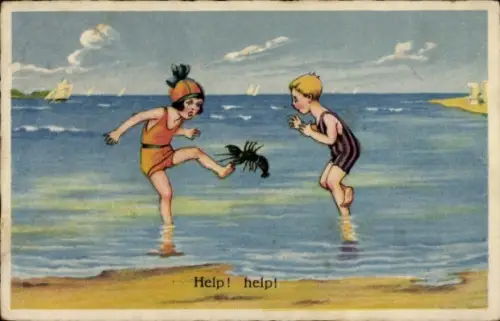Ak Hummer hat Mädchen in Zeh gezwickt, Strand