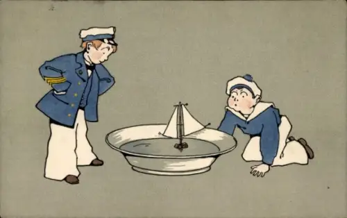 Ak Zwei Jungen spielen mit einem Schiff in einer Schüssel
