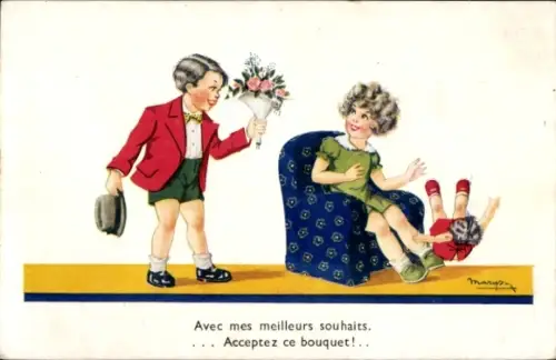 Künstler Ak Kinder, Junge mit Blumenstrauß, Puppe