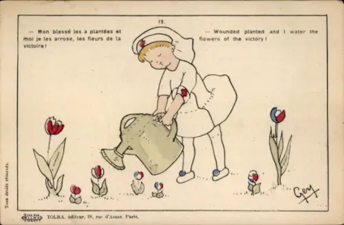 Künstler Ak Gey, französische Krankenschwester gießt Blumen