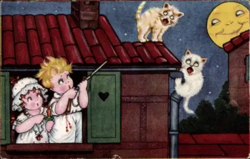 Künstler Ak Kinder vertreiben Katzen, Mond