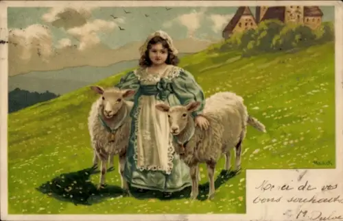 Künstler Ak Mailick, Mädchen, Zwei Schafe