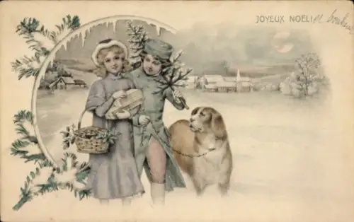 Ak Glückwunsch Weihnachten, Paar, Hund, Tannenbaum