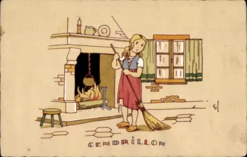 Künstler Ak Märchen, Aschenputtel beim Putzen