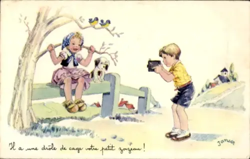 Künstler Ak Junge fotografiert ein Mädchen