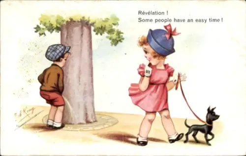 Künstler Ak King, Pinkelnder Junge, Mädchen geht mit seinem Hund Gassi