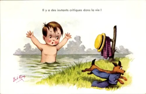 Künstler Ak King, B., Junge im Wasser, Hund hat Hose gestohlen