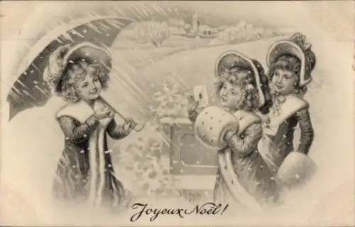 Ak Glückwunsch Weihnachten, Mädchen, Schneefall, Schirm