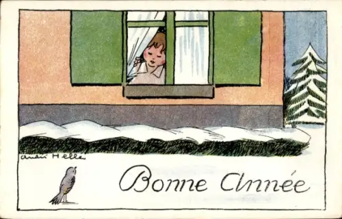 Künstler Ak Helle, A., Glückwunsch Neujahr, Kind am Fenster, Vogel
