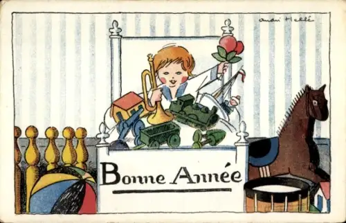 Künstler Ak Glückwunsch Neujahr, Junge, Spielzeuge