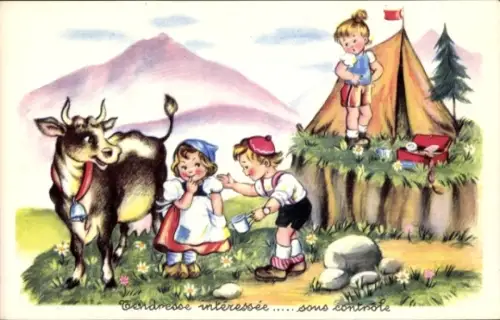 Ak Kinder, Gespräch, Kuh mit Glocke, Zelt