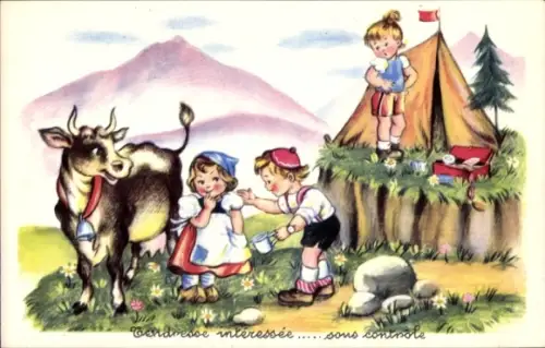 Ak Kinder, Gespräch, Kuh mit Glocke, Zelt
