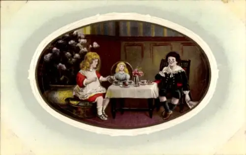 Präge Passepartout Ak Kinder im Zimmer, Puppe am Tisch