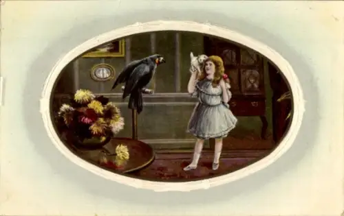 Präge Passepartout Ak Vogel, Mädchen mit Katze