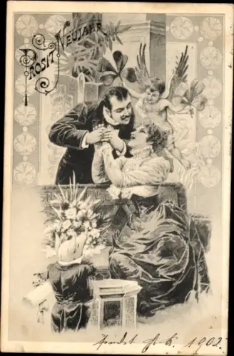 Ak Glückwunsch Neujahr, Liebespaar, Liebesengel