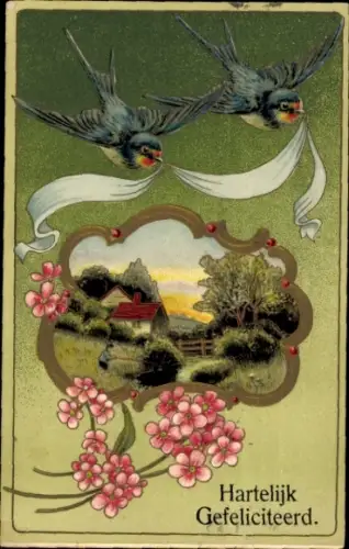 Präge Ak Glückwunsch, Schwalben, Blumen