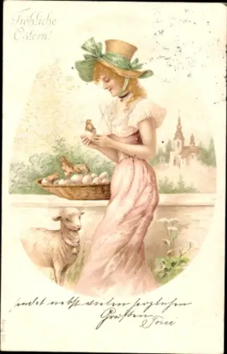 Ak Glückwunsch Ostern, Junge Frau mit Lamm und Küken