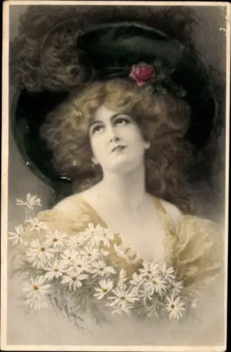 Künstler Ak Gemaltes Porträt einer jungen Frau, Hut, Blumen