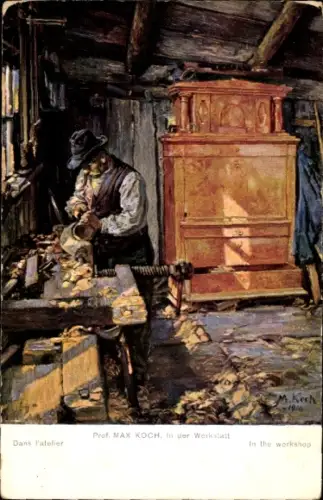 Künstler Ak Koch, Max, In der Werkstatt, Schreiner, Tischler, Holzschrank, Werkbank